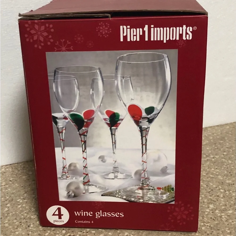Pier 1 Imports Wine Glasses Set of 4 Red/Green Teardrop Stem Glasses